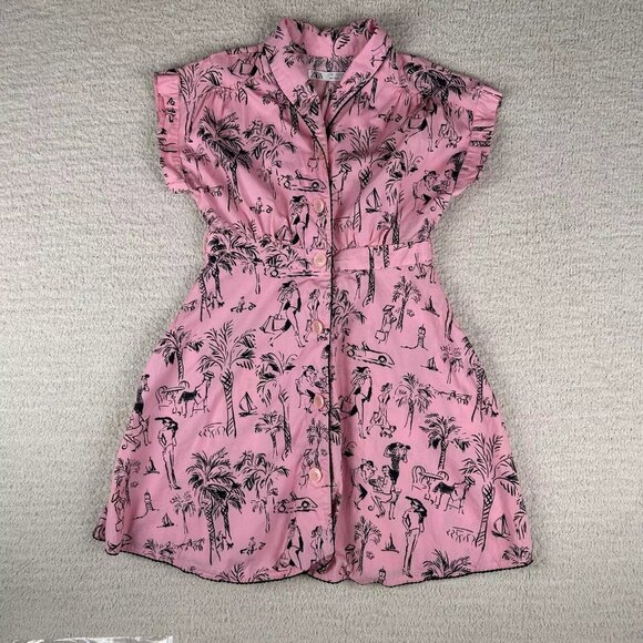 Zara Girls Dress 9Y Pink Tropical Button Front Shirt Dress - Picture 1 of 11